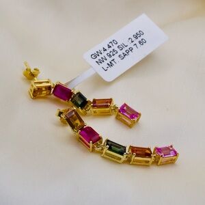 Gold Vermeil 925 Silver Emerald-Cut Rainbow Bar Earrings | 7.60 CT Lab Sapphire